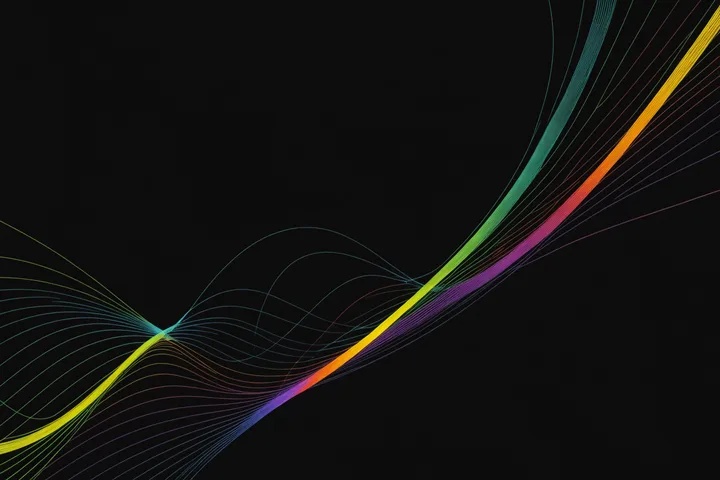 Abstract causal model visualization showing smooth prediction curves on a dark field, representing the world model output with uncertainty bands