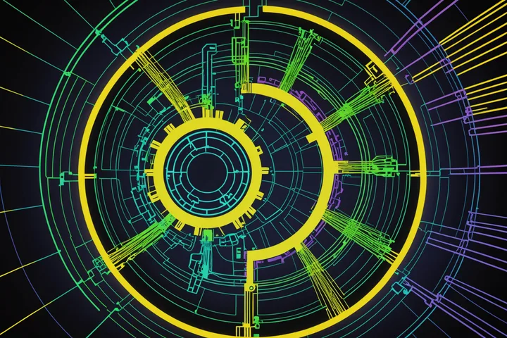 Abstract visualization of sensor data flowing from industrial equipment silhouettes into a central processing node, representing OPC-UA and SCADA historian data ingestion